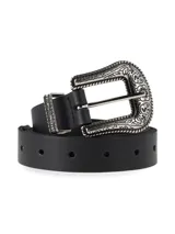 Cinturón de cuero negro con hebilla metálica plateada con diseño floral.