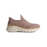 Championes deportivos Skechers modelo Slip-ins Fashion Fit 2.0 Midnight Shine, de diseño slip-on sin cordones. Presentan una parte superior de tejido técnico en color rosado con detalles brillantes, cuello acolchado y una suela de plataforma con detalle en tono dorado metálico.