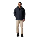 Campera 3 en 1 Columbia con tecnología Omni-Tech impermeable y transpirable. Cuenta con una capa exterior de color negro con capucha desmontable, cierre frontal y bolsillos, y una campera interior de forro polar que puede usarse por separado o combinada.