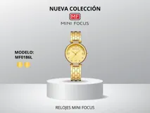 Reloj de pulsera Mini Focus modelo MF0186L para mujer, con caja y malla doradas de metal, cuadrante dorado con indicadores de hora con strass y movimiento de cuarzo japonés. Resistente al agua (30m).