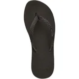 Ojotas Reef de goma color negro, con tiras trenzadas y plantilla con logo de la marca.