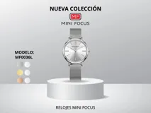 Reloj de pulsera Mini Focus modelo MF0036L, con caja plateada redonda y malla metálica plateada. Resistente al agua (30m).