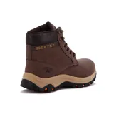 Bota acordonada marrón con suela de goma color caramelo y detalles en color naranja.