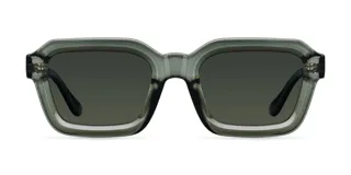 Lentes de sol cuadrados con armazón verde oliva y lentes polarizadas verde oscuro.