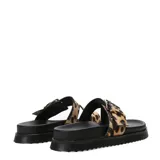 Sandalias planas Miss Carol modelo Funi, con diseño de tiras tipo ojota y capellada con estampa animal print de leopardo. Cuenta con hebilla metálica decorativa ajustable en el empeine y suela dentada de goma negra.