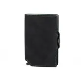 Billetera tipo tarjetero de cuero negro con caja de aluminio interna y sistema de deslizamiento para tarjetas. Cuenta con cierre mediante broche a presión.