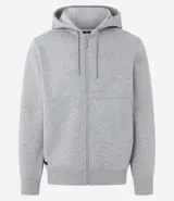 Buzo deportivo negro con capucha, cierre frontal con cremallera, bolsillos laterales y puños ajustados. Confeccionado en tejido de algodón y poliéster.