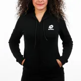 Canguro negro de Lotto para mujer, con cierre frontal, capucha con cordones ajustables, bolsillos tipo canguro y logo estampado en el pecho.