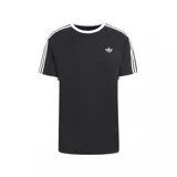 Remera Adidas negra con cuello redondo y ribetes blancos en el cuello y las mangas. Presenta las tres rayas características de la marca en los hombros y el logo del trébol bordado en el pecho.