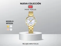Reloj de pulsera Mini Focus para mujer, con caja y correa de eslabones dorados, cuadrante blanco con agujas y marcadores dorados. Resistente al agua.