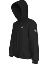 Campera negra con capucha y cierre frontal, con logo CK bordado en blanco en el pecho.