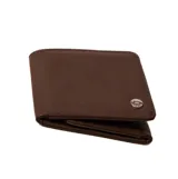 Billetera plegable de cuero sintético color marrón, con diseño minimalista y detalle de logo metálico circular en la esquina inferior.