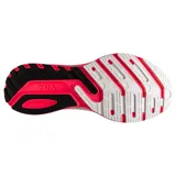 Championes de running Brooks Launch 10 para mujer, color blanco con detalles en gris, negro y naranja. Suela de goma color fucsia.