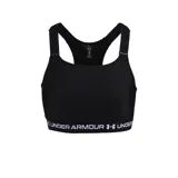 Top deportivo Under Armour Heatgear High de color negro, con diseño de espalda racerback, tirantes ajustables y banda elástica inferior con el nombre y logotipo de la marca en contraste.