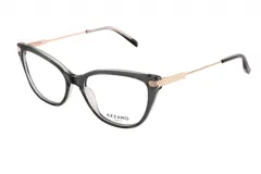 Armazón para lentes de acetato color gris con forma cat-eye y detalles dorados en las patillas.