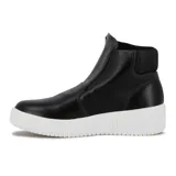 Botin de estilo urbano color negro, con cierre lateral decorativo y suela de goma blanca con plataforma.