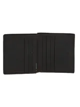 Billetera unisex de cuero marrón oscuro, con cierre de solapa y costuras a tono.