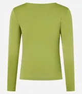 Blusa verde oliva de microfibra con mangas largas, cuello redondo con detalle torcido y abertura en el pecho.
