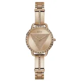 Reloj analógico Guess con caja redonda de 30mm y malla de acero inoxidable en tono oro rosa. La esfera presenta un diseño triangular central con textura brillante y el bisel está decorado con cristales incrustados, al igual que los eslabones iniciales de la correa.