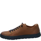 Zapatillas urbanas de cuero color marrón con suela de goma azul marino y cordones elásticos azules.