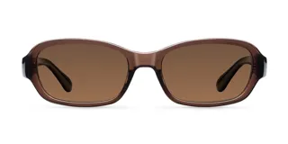 Lentes de sol inspirados en los años 90, con armazón rectangular de bordes redondeados color marrón translúcido y lentes polarizadas en tono marrón.