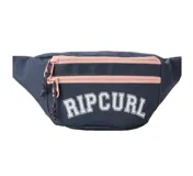 Riñonera azul con dos compartimentos con cierre rosa y logo de la marca Rip Curl estampado en blanco.