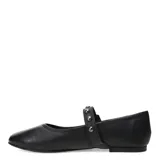 Balerinas de cuero negro con puntera redondeada y tira con hebilla metálica decorada con tachas.