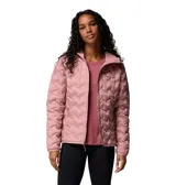Campera técnica Columbia modelo Delta Ridge II, color rosa, con tecnología HeatSeal™ de construcción sin costuras y aislamiento de plumón. Cuenta con cierre frontal completo, capucha integrada y bolsillos laterales con cremallera.