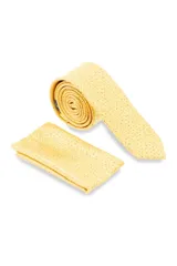 Corbata amarilla con sutil estampado de lunares oscuros, acompañada de un pañuelo de bolsillo a juego. Confeccionada en microfibra de alta calidad.