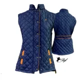 Chaleco beige capitoneado con cierre frontal y cuello de pana marrón.