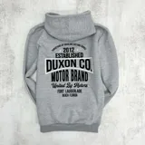 Canguro gris con capucha y cordones negros, bolsillo tipo canguro y estampa en el pecho con el texto "Duxon Co Motor Brand".