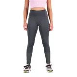 Calza deportiva gris oscuro con cintura alta, bolsillos laterales y traseros, y tecnología NB DRYx de secado rápido.