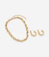 Conjunto de bijouterie compuesto por un collar de cadena de eslabones ovalados y un par de aros con diseño orgánico curvo. Ambos accesorios presentan un acabado metálico dorado.
