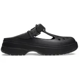 Zuecos Crocs estilo Mary Jane en color negro, con diseño de plataforma, tira frontal ajustable con hebilla y perforaciones en la puntera.