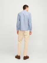 Camisa de vestir de manga larga con cuello abotonado y bolsillo frontal. Presenta un diseño de rayas verticales en tonos azul y blanco, con cierre frontal de botones.