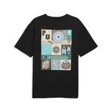 Remera negra de corte relajado con cuello redondo y manga corta. Presenta un estampado gráfico circular en el pecho con forma de sol en tonos turquesa y blanco, incluyendo el logo de la marca en el centro.