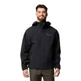 Campera impermeable y transpirable Columbia modelo Earth Explorer II Omni-Tech, de color negro, con capucha ajustable, cierre frontal con solapa, bolsillos con cremallera y puños ajustables.
