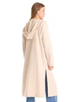 Cardigan largo tipo duster de la marca Dictionary, color beige, con capucha, frente abierto, manga larga y bolsillos laterales.