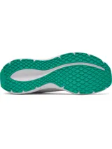 Championes de running Under Armour Ascend, color blanco con detalles en negro y verde. Presentan una entresuela blanca con salpicaduras rosadas y suela verde, confeccionados en malla transpirable con refuerzos en el mediopié.