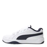 Championes urbanos Puma modelo Park Life Style Easy, de corte bajo, color blanco con detalle de franja lateral en azul oscuro y suela de goma en tono crema.