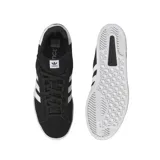 Zapatillas Adidas Campus Adv negras con las tres tiras blancas y detalles en dorado.
