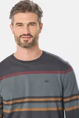 Remera de manga larga con diseño de rayas horizontales en tonos azules, grises y bordó. Presenta cuello redondo y un pequeño logo bordado en el pecho.