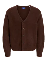 Cardigan de punto color marrón, con cuello en V, cierre frontal de botones y diseño de ajuste holgado con hombros caídos.