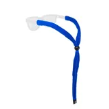 Sujeta lentes de algodón color azul, con sistema de ajuste deslizante y extremos diseñados para sujetarse a las patillas de los anteojos.