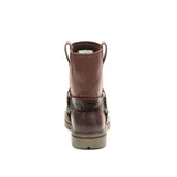 Bota de cuero color marrón con diseño tipo arnés, que incluye una tira con textura efecto reptil y herrajes metálicos dorados. Cuenta con suela de goma dentada y logo de la marca grabado en el lateral.