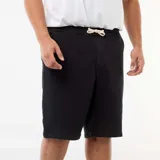 Bermuda de jean negra, de corte clásico y relaxed fit, con cintura elástica ajustable mediante cordón en contraste.