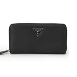 Billetera Guess modelo Viviette, color negro, con textura saffiano y cierre de cremallera. Presenta el logo triangular de Guess en metal plateado en el frente.