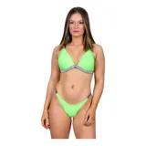 Conjunto de bikini United modelo H50408, color blanco con detalles de tiras plateadas con brillo. El corpiño es de diseño triangular y la bombacha es de tipo tanga.