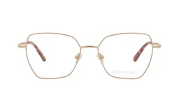 Lentes Demenego con armazón metálico de diseño geométrico, en tono dorado con detalles en rosado y carey en las patillas.