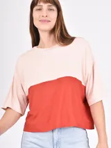 Remera de manga corta, corte holgado, con cuello redondo. La parte superior es de color beige claro y la parte inferior es negra, creando un efecto de bloques de color.